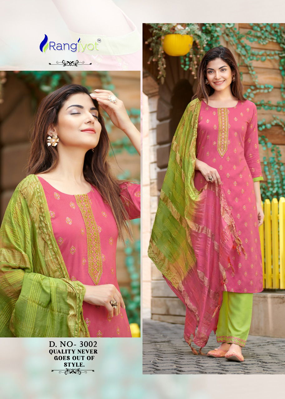 Rangjyot Rang Maya 3 Fancy Festive Wear Rayon Kurti Pant and Dupatta Readymade Collection